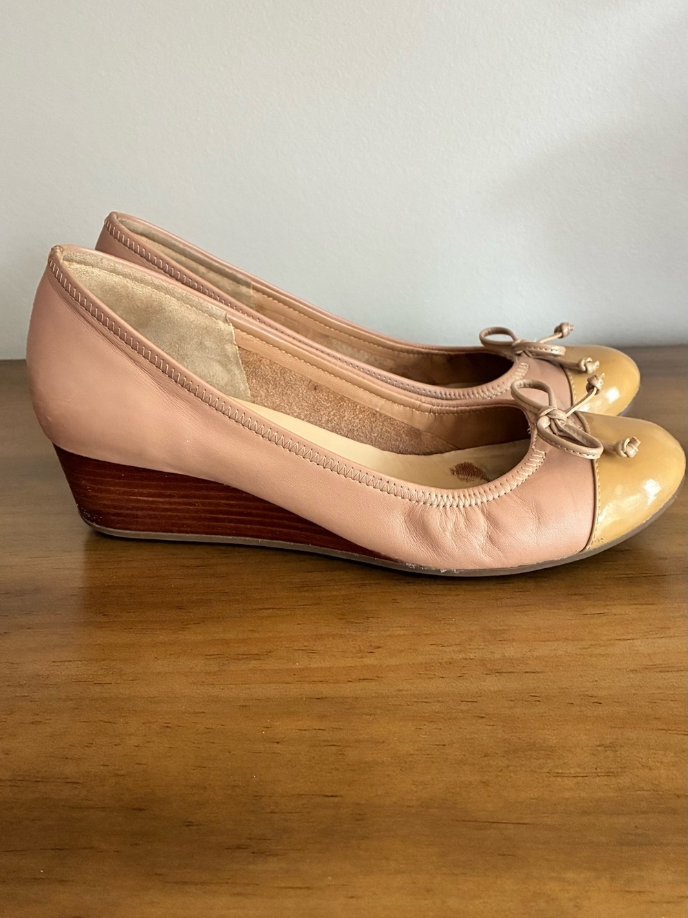 Cole Haan Nike Air Blush Leather Wedge Ballet Flats with Tan Patent Toe